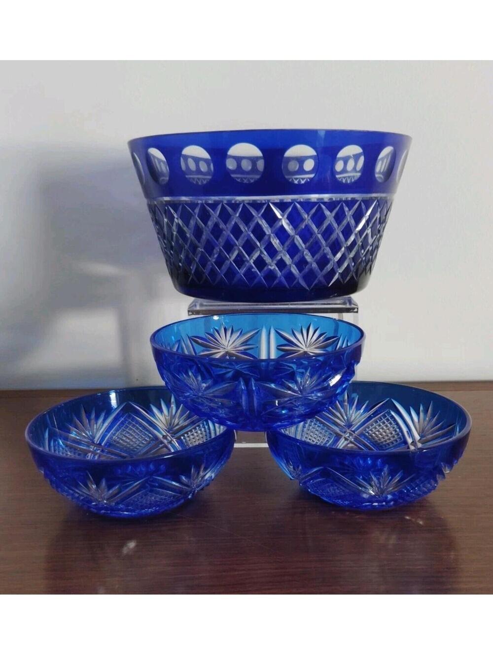 Vintage Bohemian Cobalt Blue Cut to Clear Crystal 4 Bowl Set